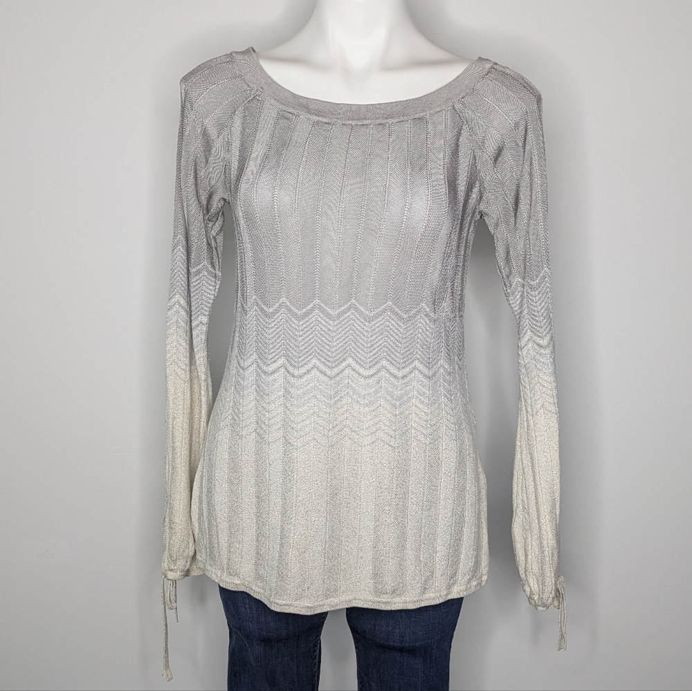 WHBM White Grey Shimmer Chevron Long Sleeve Knit Sweater S